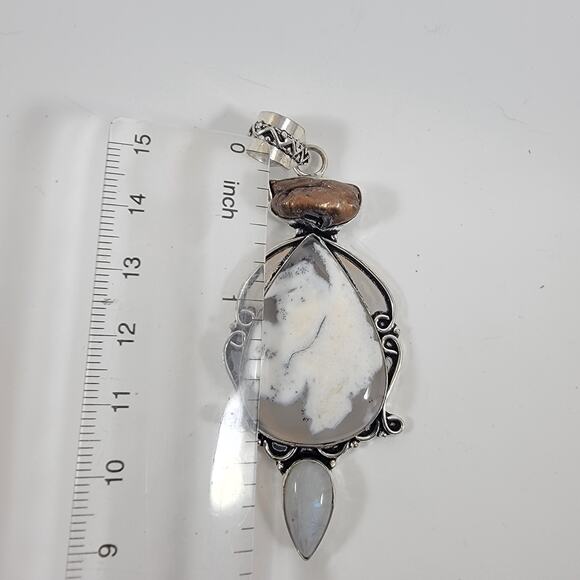 Handmade Silver Pendant with Dendritic Opal, Moonstone & Freshwater Pearl - Picture 4 of 10